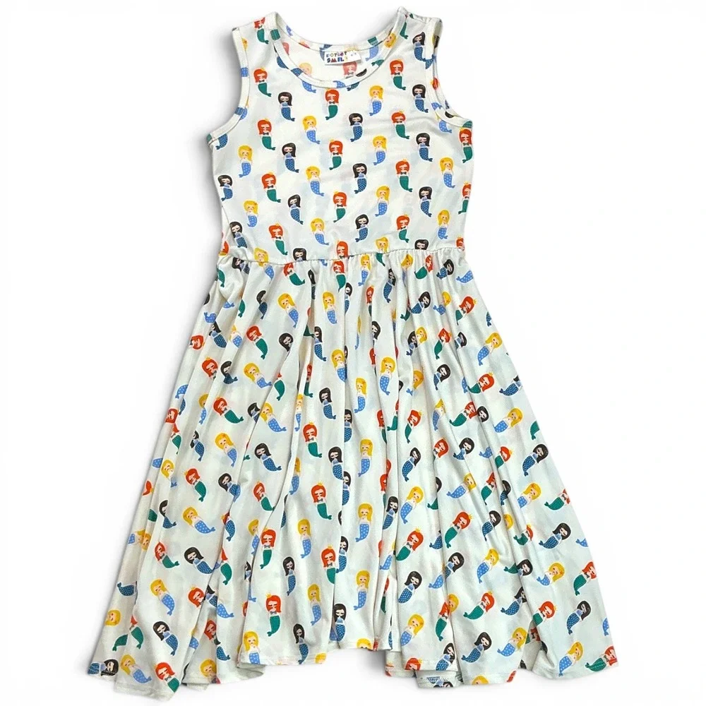 DotDotSmile White Mermaid Print Twirl Dress Kids Size 8/10 Sleeveless Scoop Neck
